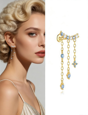 Hypoallergenic Flatback 925 Silver Dangling Chain Earrings with Aquamarine Zircon-ElegantEar Decor