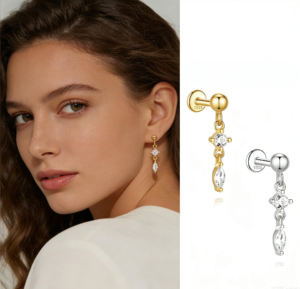 Hypoallergenic 925 Sterling Silver Dangle Earrings with Cubic Zirconia plated with gold