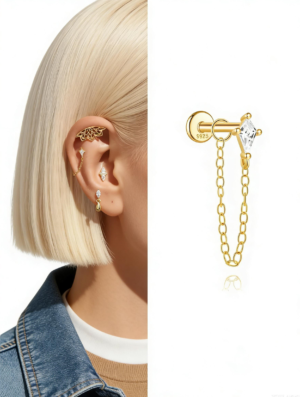 Flat Back Hypoallergenic 925 Silver Stud Earrings with Chain Detail - Perfect for Multiple Ear Piercings