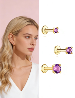 925 Silver Flat Back Earrings with Natural amethyst-Allergy-Free Fashion for Ladies