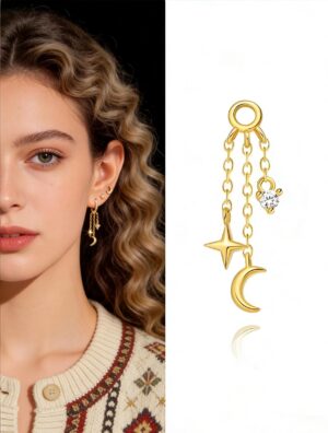 downloaded-image Hypoallergenic Star & Moon Tassel Ear Cuff, 925 Sterling Silver Minimalist Design